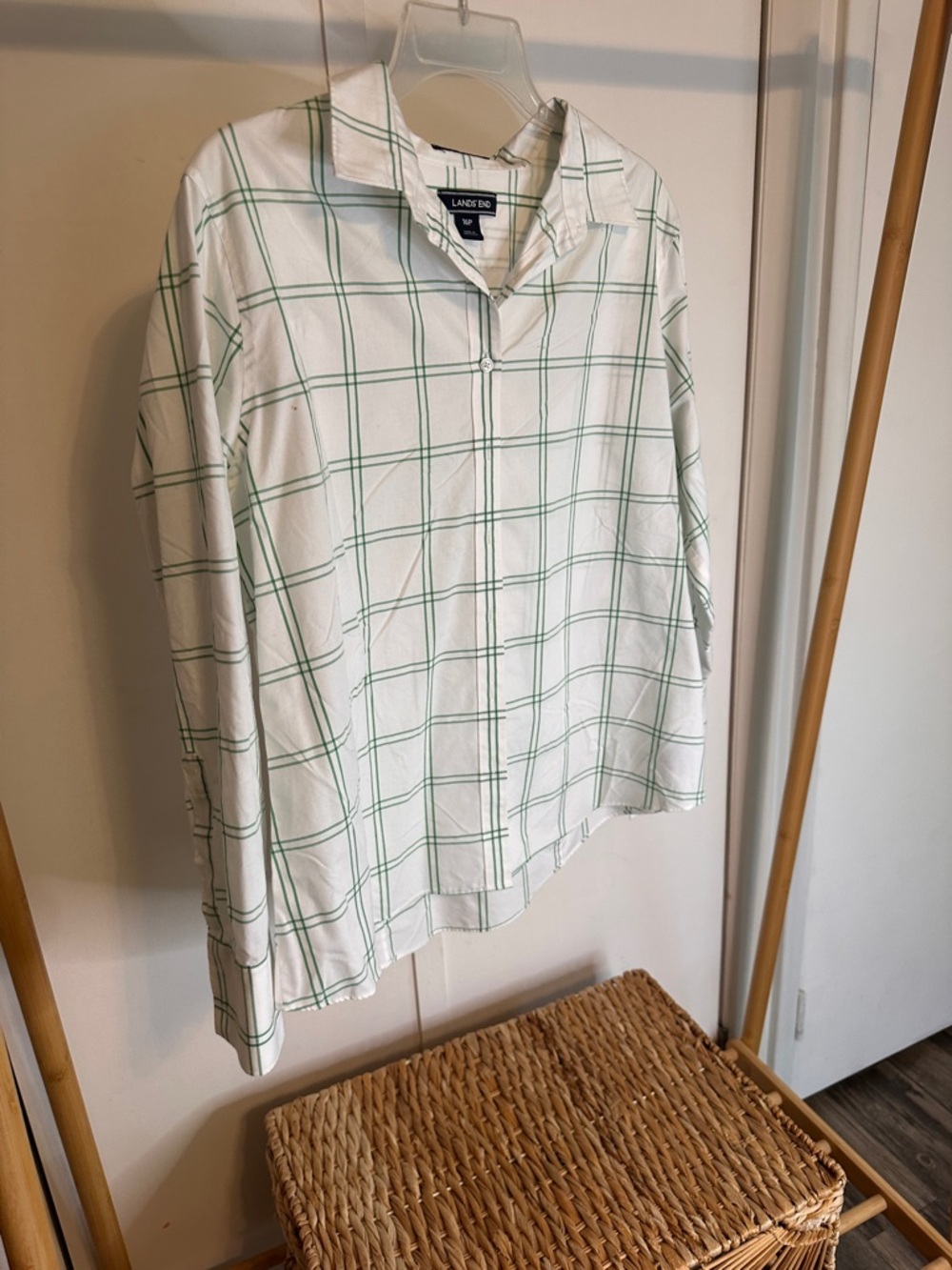 Lands' End White Shirt with Green Windowpane Plaid